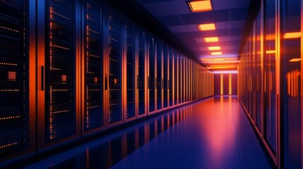 Futuristic server room illuminated with vibrant color, showcasing technology in action