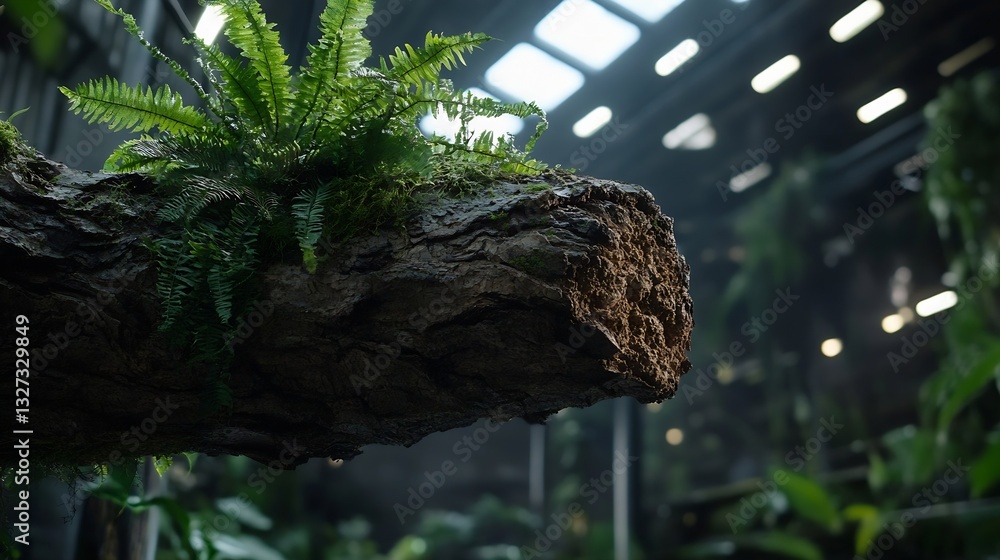 Poster lush green fern plant growing on a large log in a bright and airy indoor setting : generative ai