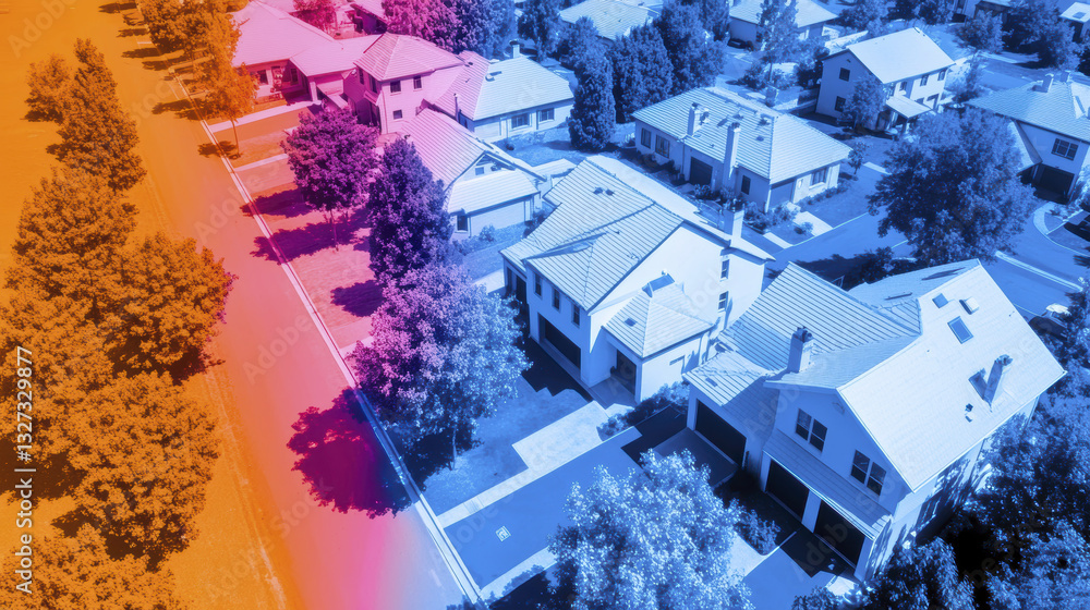 Poster aerial view of suburban houses with colorful gradient effect, showcasing modern architecture and tre