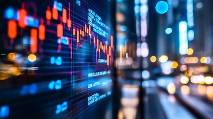 Dynamic stock market chart data displayed on a digital screen illuminated by city lights in the background : Generative AI