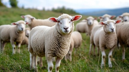 Fototapeta premium Group of sheep grazing peacefully on a hill overlooking a serene landscape : Generative AI