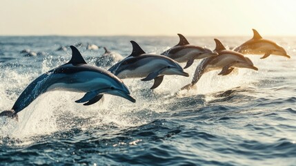 Fototapeta premium Dynamic pod of dolphins leaping from ocean waves in a display of marine agility