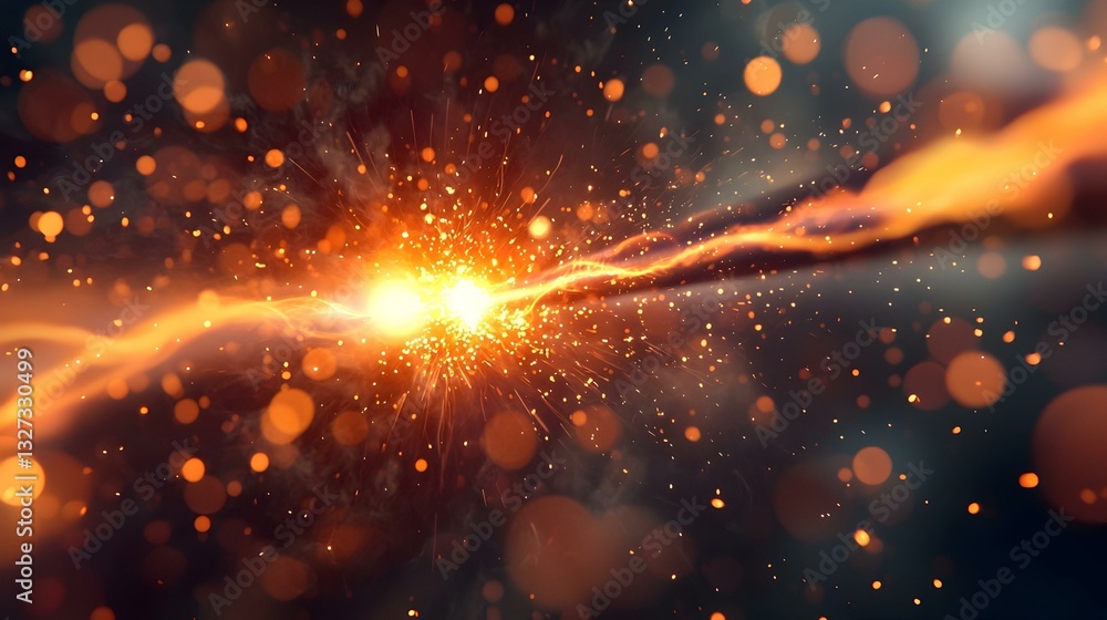 Poster glowing energy burst creating dazzling light and particle trails effect