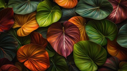 Vibrant tropical leaves, layered design, lush background, nature backdrop