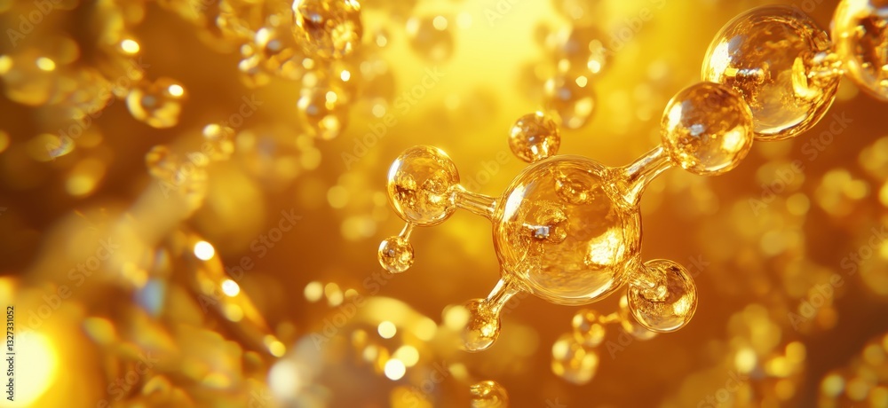 Poster golden molecular structure with glowing particles in abstract background