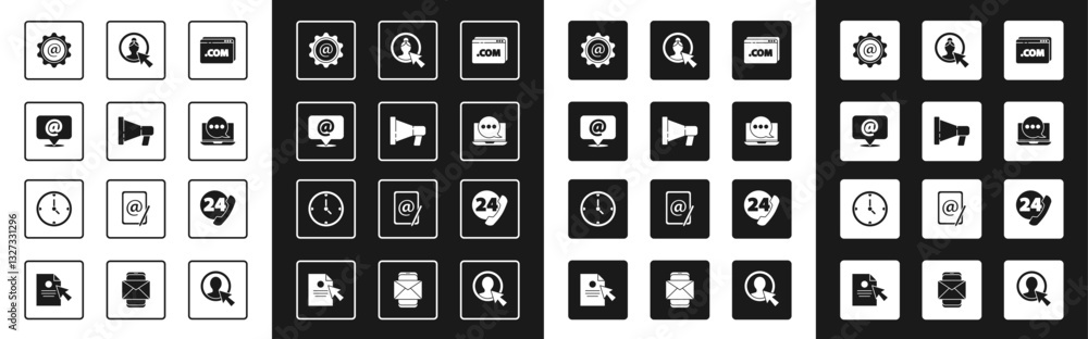 Poster set website template, megaphone, mail and e-mail, chat messages notification laptop, create account 