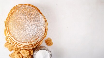 a stack of pancakes with sugar and wafers on a white background, top view for text in the center