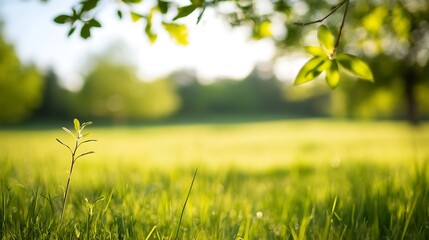 Lush green meadow captured in soft focus with sunlight filtering through leaves : Generative AI