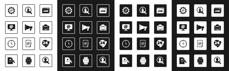 Set Website template, Megaphone, Mail and e-mail, Chat messages notification laptop, Create account screen, Telephone 24 hours support and Clock icon. Vector