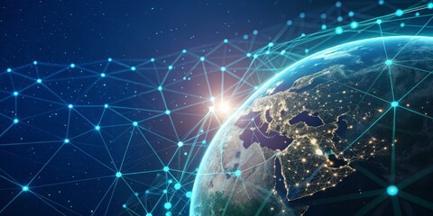 Earth Globe Network Glowing lights, connections and global communications on dark cosmic space background. , Globe , Network