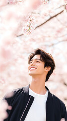 はる 春 日本人 日本 桜 さくら 男性 モデル スマイル 微笑み ポートレート 顔 ピンク 空白 コビースペース