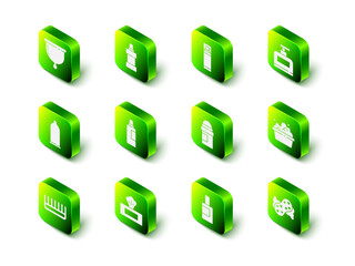 Set Bottle for cleaning agent, Shaving gel foam, of shampoo, Basin with soap suds, Sponge, Antiperspirant deodorant roll, and Wet wipe pack icon. Vector