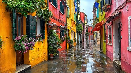 Fototapeta premium Colorful Street Scene with Vibrant Buildings and Flowers