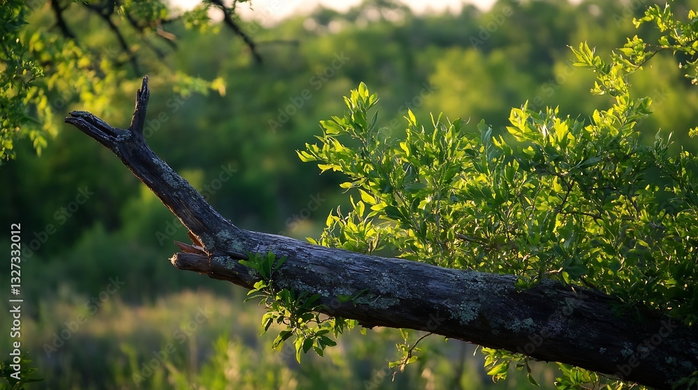 Fototapete closeup view of a rustic branch covered in lush green foliage in a tranquil forest setting : generat