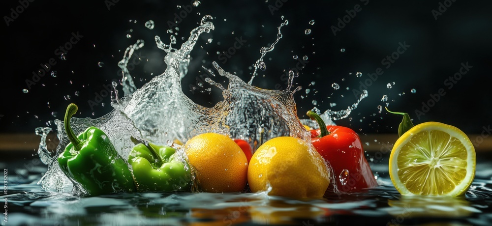 Poster fresh fruits and vegetables splashing in water creating dynamic visual effects
