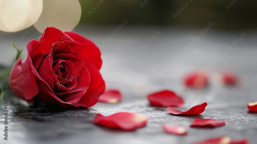Poster fresh red rose with scattered petals on a dark surface creating a romantic ambiance : generative ai