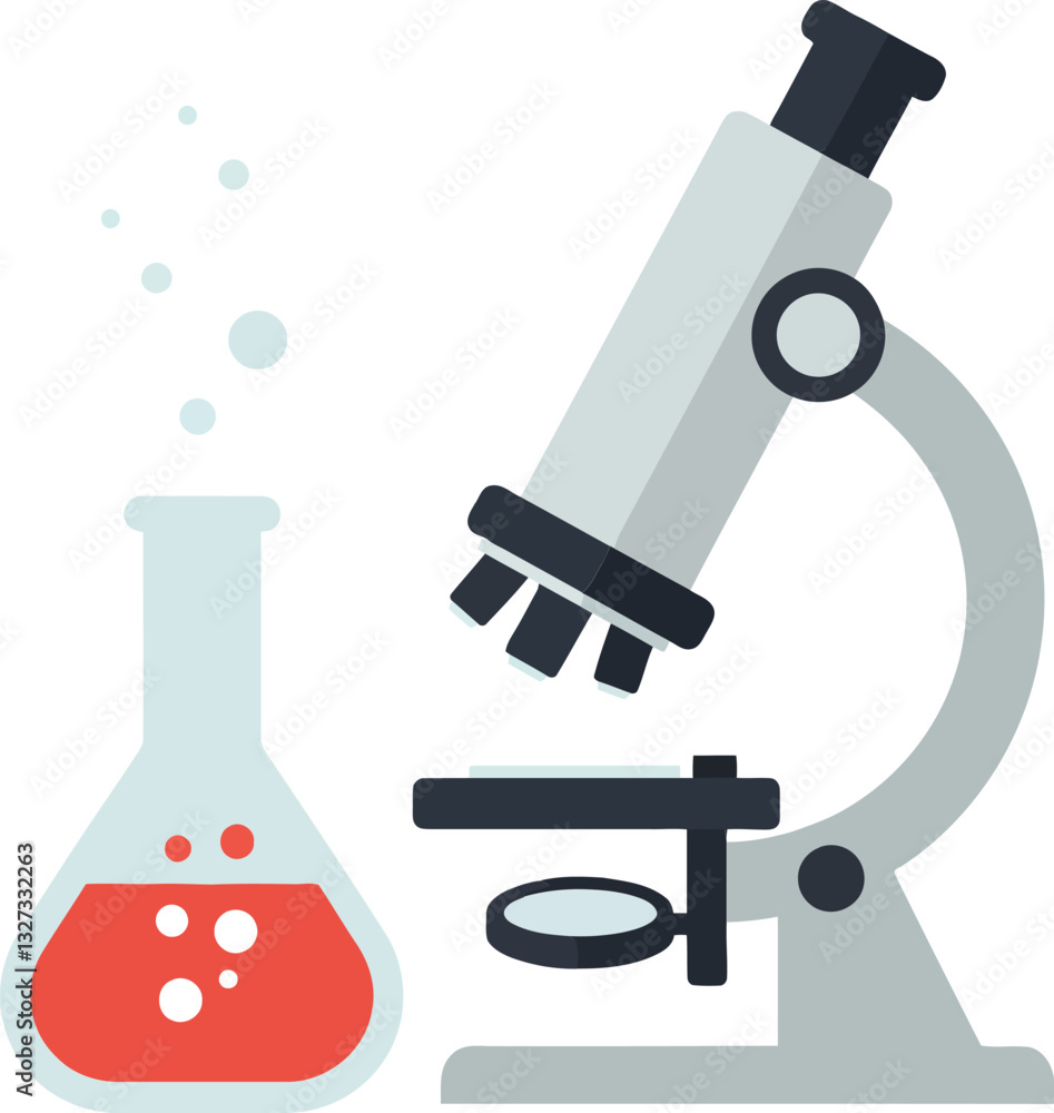 Aufkleber laboratory microscope and scientific flask with bubbling red liquid in a minimal flat design vector 