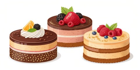 Delicious Mini Cakes with Berries and Fruits, Pastry , Dessert