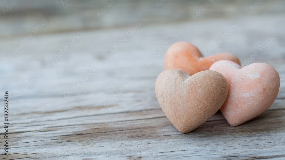 Poster three handcrafted wooden hearts placed neatly on a rustic wooden table surface in natural light : ge
