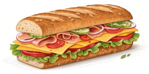 Delicious Ham Sub Sandwich with Fresh Vegetables and Cheese, baguette , sandwich