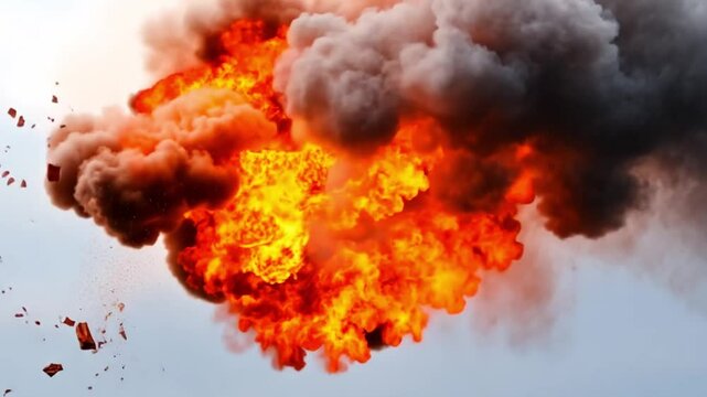 A large explosion erupts, sending flames and smoke billowing into the atmosphere during a controlled demolition in a city area at midday. The force of the blast scatters debris widely
