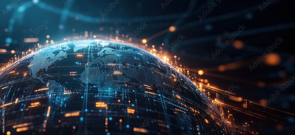Poster digital globe with glowing data connections representing global technology and communication