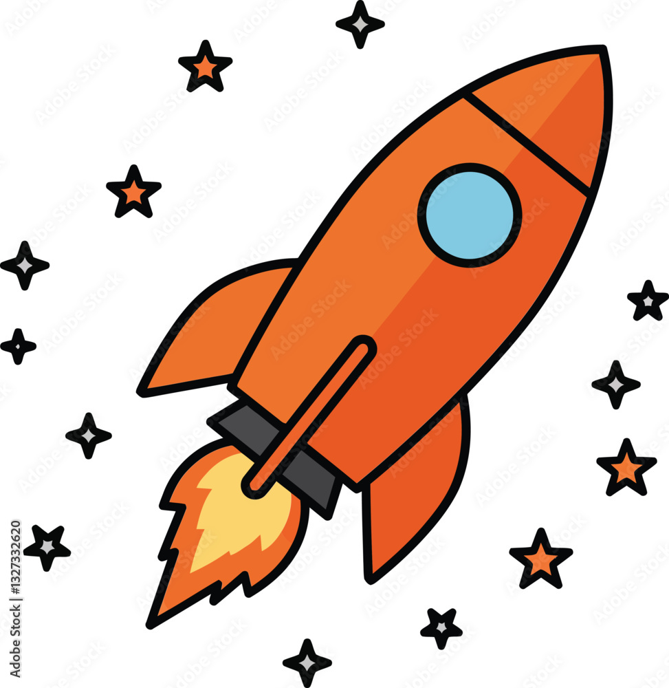Poster a colorful rocket soaring through a starry background in a playful flat design vector illustration