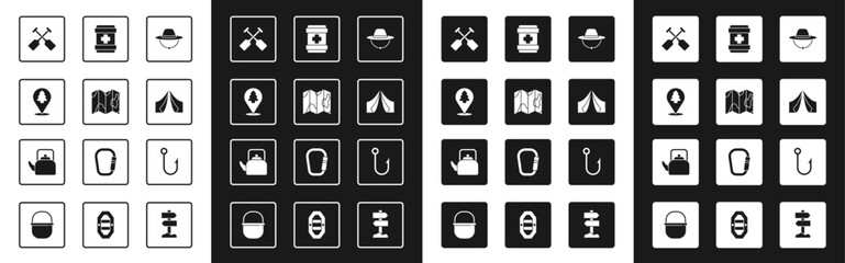 Set Camping hat, Location of the forest on map, Paddle, Tourist tent, First aid kit, Fishing hook and Kettle with handle icon. Vector