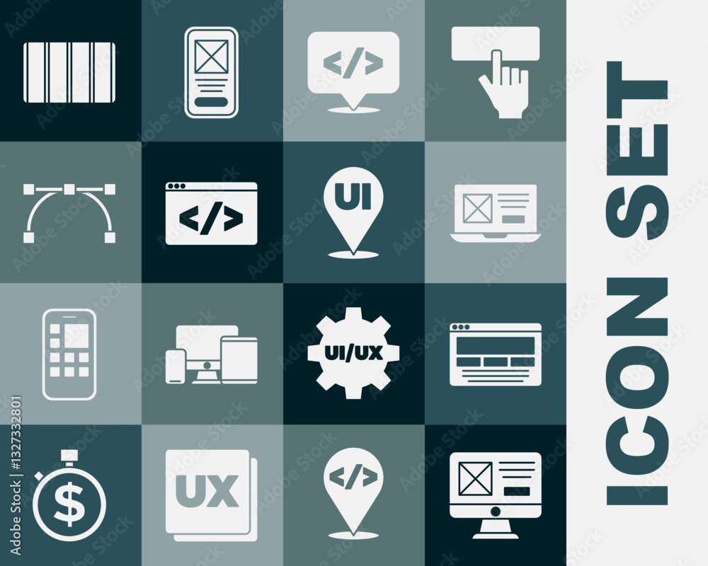 Poster set ui or ux design, front end development, bezier curve, color palette guide and icon. vector