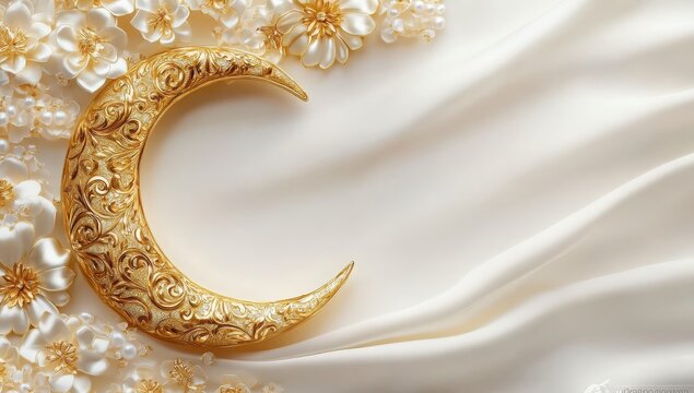 Eid al-Fitr background with elegant gold floral patterns and crescent moon in front of pearl white satin, with writing space