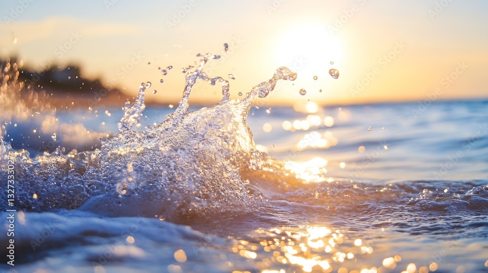 Poster gentle ocean waves splashing against each other as the sun sets on the horizon creating a serene atm