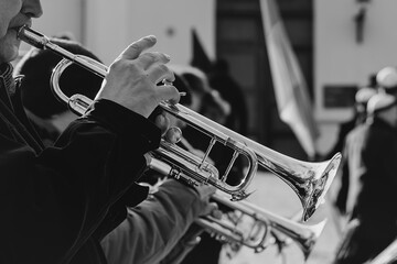 Talented musicians perform an elegant outdoor brass concert, playing French horns with skill and passion, creating a mesmerizing symphony of golden melodies.
