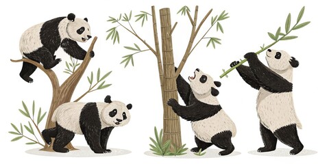 Obraz premium Cute Pandas Climbing Bamboo, Animal, Illustration