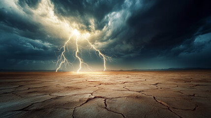 Electrical Storm Over a Cracked Desert Landscape