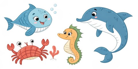 Fototapeta premium Cute Cartoon Sea Animals Illustration Whale, Dolphin, Seahorse, Crab ,ocean ,cartoon