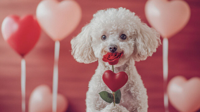 White Poodle Dog Holding Valentines Rose Heart