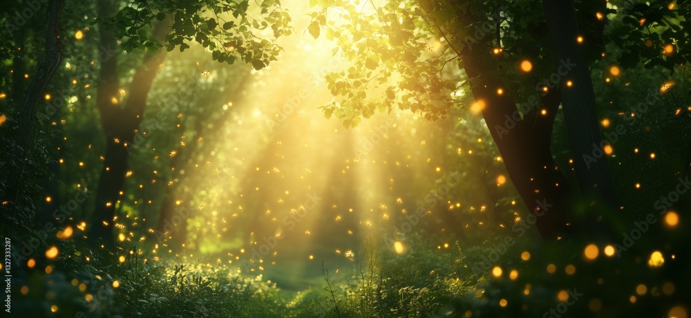 Poster magical forest scene with glowing fireflies and sun rays filtering through trees