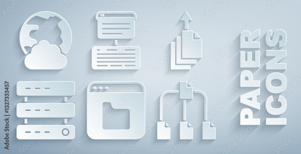 Poster set browser files, data export, server, data, web hosting, folder tree, and social network icon. vec