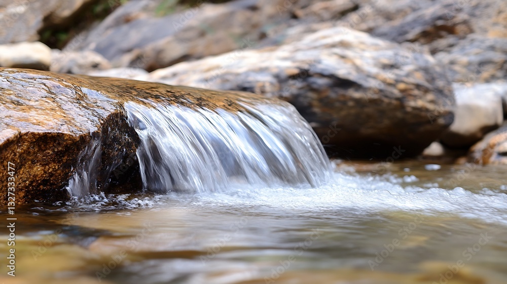 Poster gentle stream of clear water flowing over smooth rocks in a tranquil natural setting surrounded by g