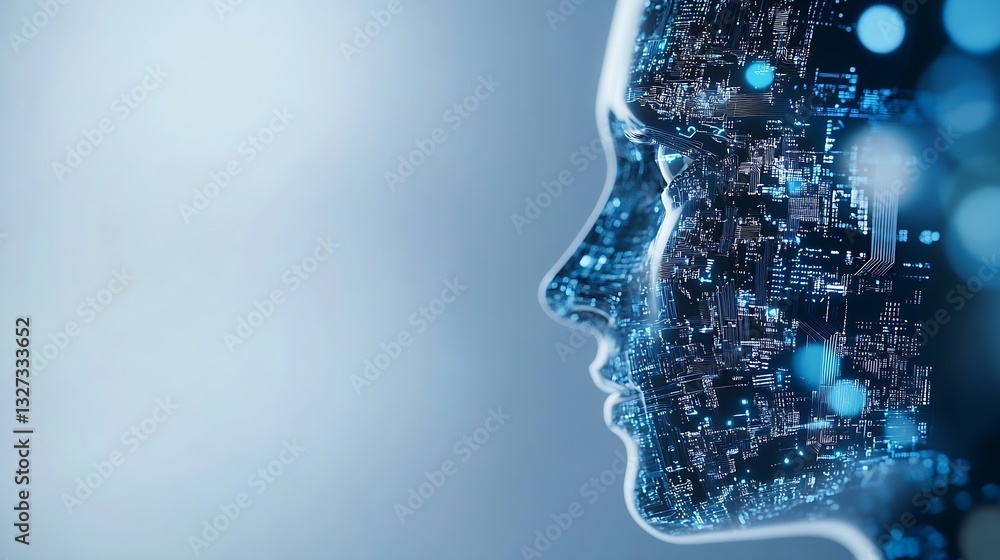 Poster futuristic female profile with intricate digital circuits and glowing lights for innovative concept 