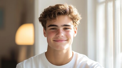 Confident young man smiling warmly, radiating joy and positivity.
