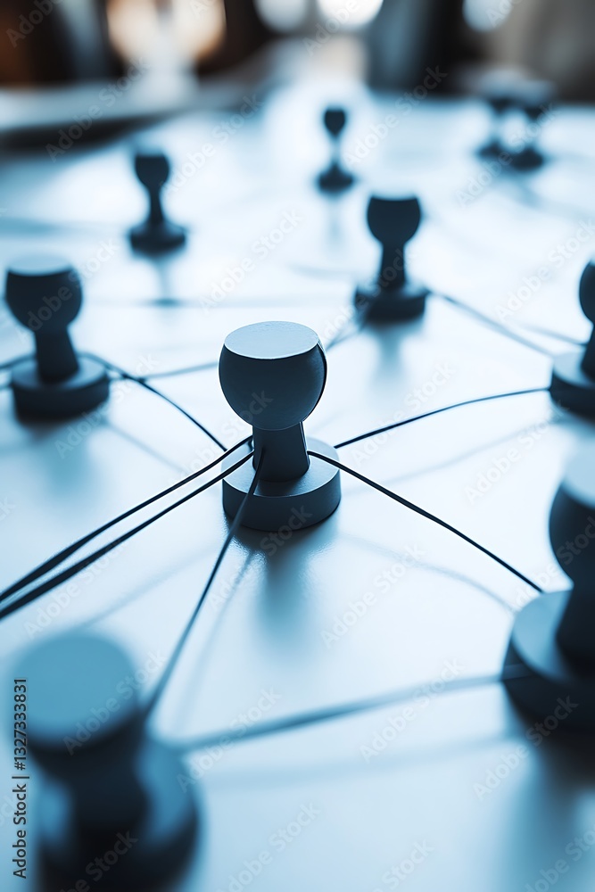 Poster connected network represented by pins and strings on a smooth surface