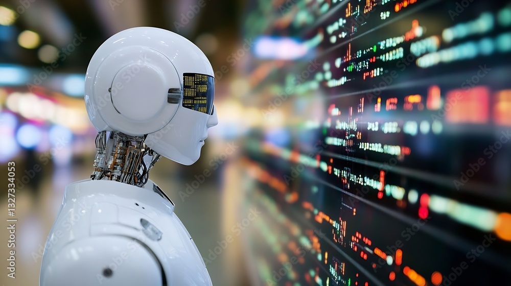 Poster High tech robot with futuristic design against digital code backdrop showcasing innovation in artificial intelligence : Generative AI