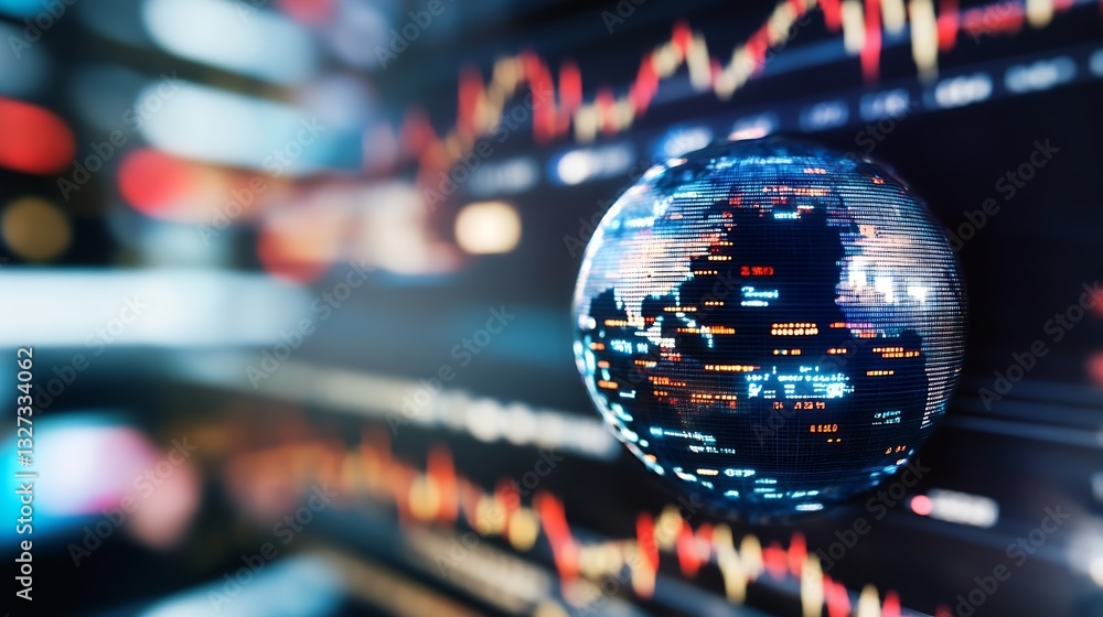 Poster Digital financial data representation with a globe illustrating global market trends and analytics : Generative AI