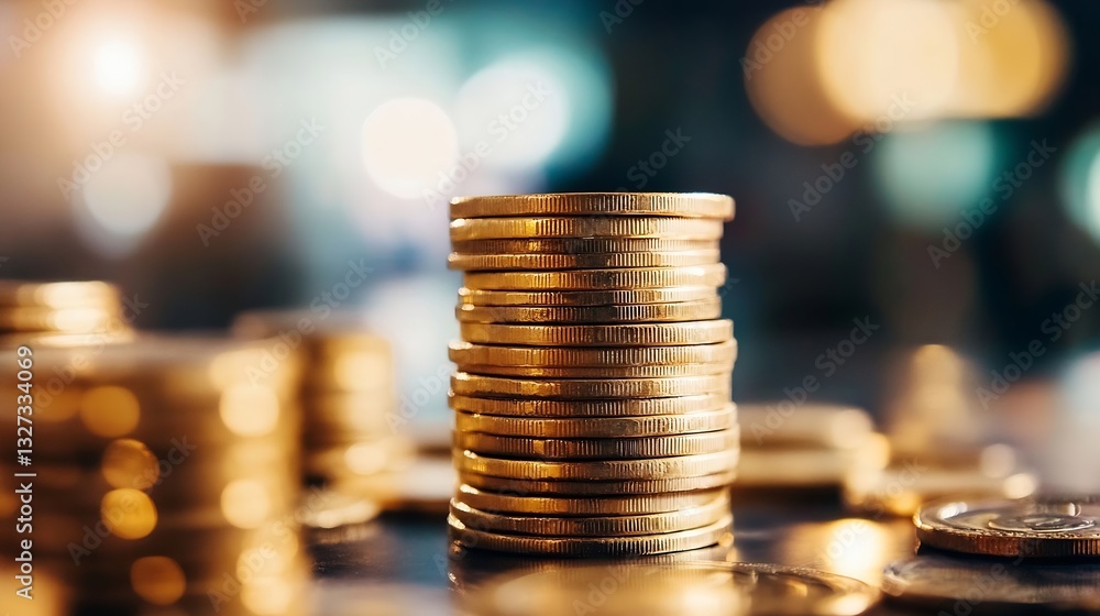 Poster closeup of stacked gold coins shining in soft bokeh background creating an elegant feel : generative