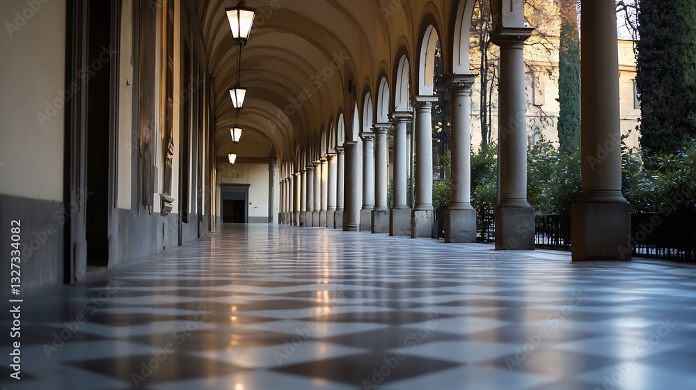 Fototapete Classic elegant corridor featuring beautiful arches and patterned floor tiles illuminated by soft lighting : Generative AI