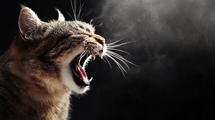 Intense moment of a cat roaring with its mouth open showcasing fierce expression and sharp teeth : Generative AI