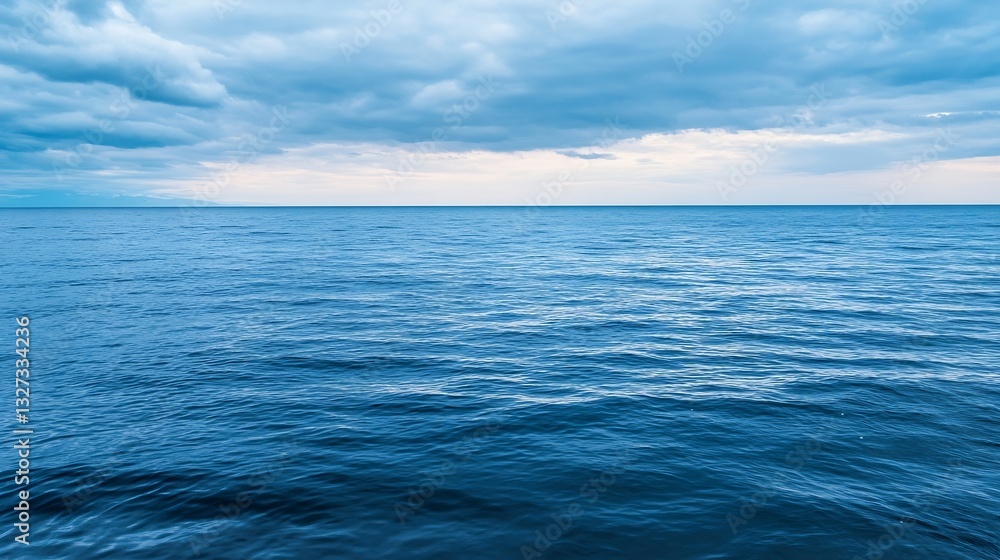 Poster tranquil ocean view with calm waves and dramatic cloudy sky over the horizon : generative ai