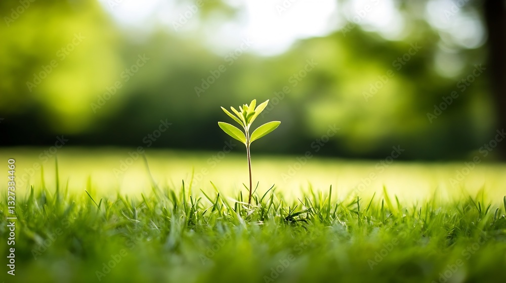Poster young sprout emerging from the grass symbolizes new beginnings and growth in nature : generative ai