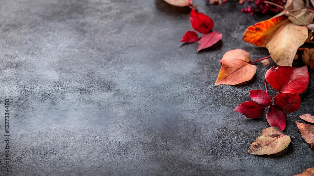 Poster vibrant autumn leaves scattered on a dark surface creating a seasonal feel and mood : generative ai